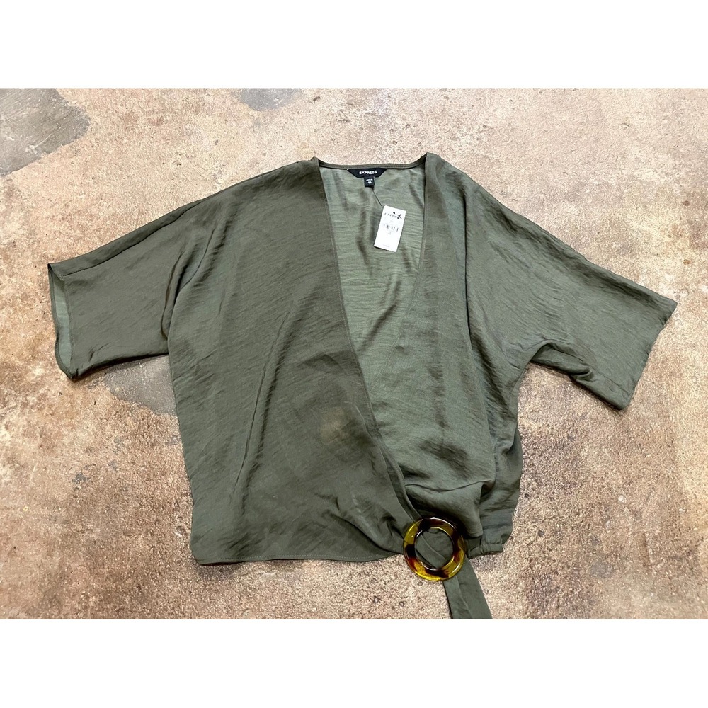 Express Wrap Top Womens XS Olive Green V‎ Neck Tortoise Shell O Ring Side Tie